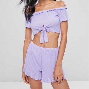 Off Shoulder Knotted Shorts Set - Lavender Blue S